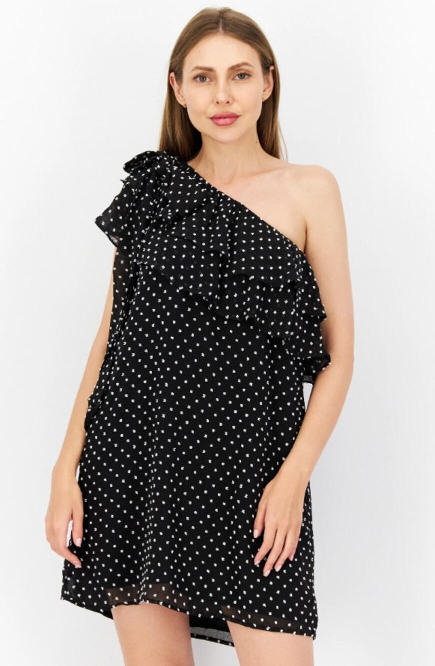 CECE Women's Clip Dot Mini Dress Large Black White Ruffle One Shoulder Lined NWT